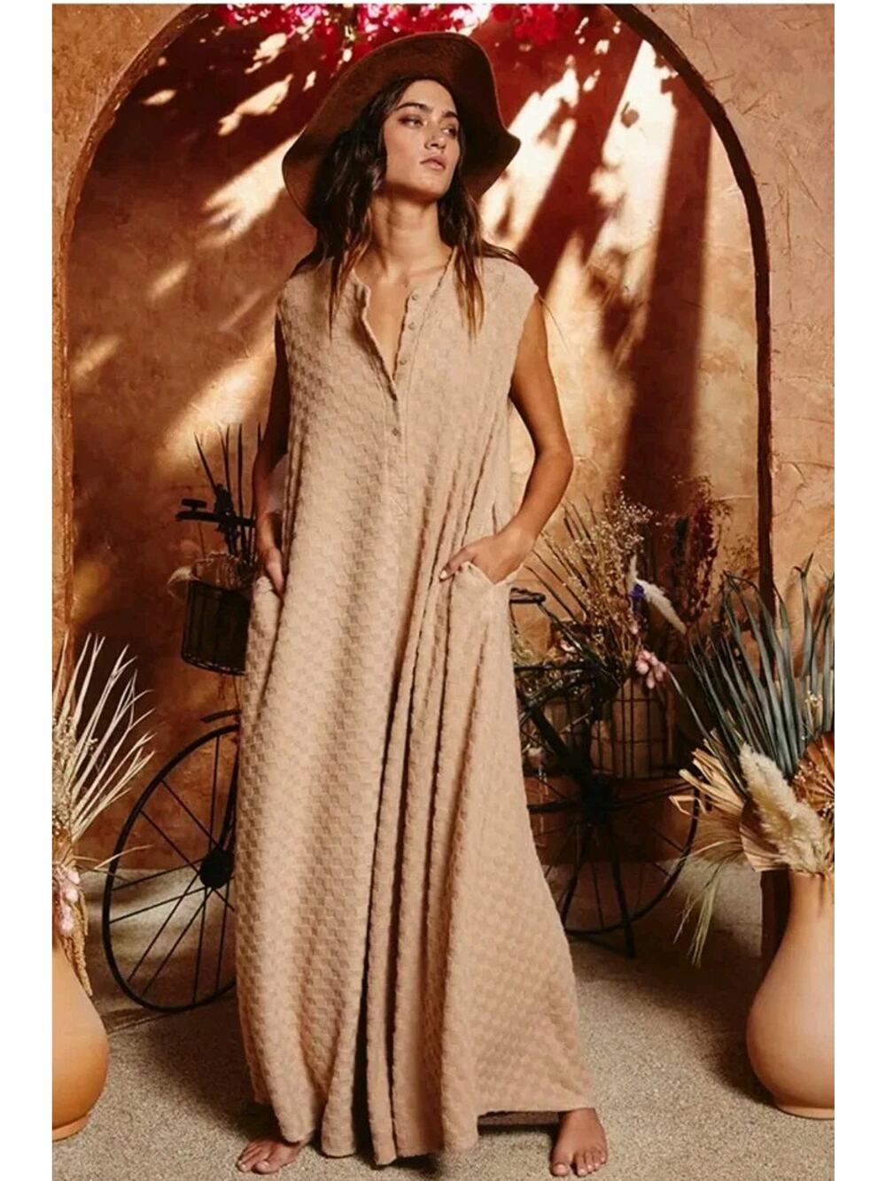 Bucket List Bohemian Jumpsuit Plus Sz 1x Wide Leg Knit Oversized Textured Tan